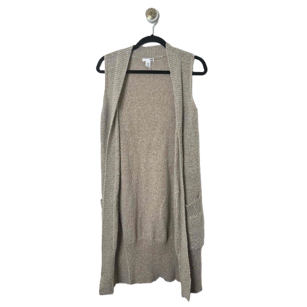 H&M Cardigan Womens Size XS Beige Sleeveless Open Front Knit Pockets